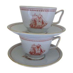 2 Spode Trade Winds Red Cups Saucers Gold Trim Brig Ship Replacement Dinnerware
